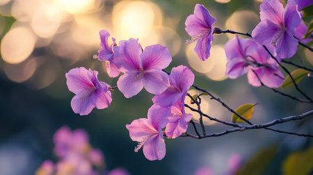 Pink hibiscus flowers blooming in the garden at sunset