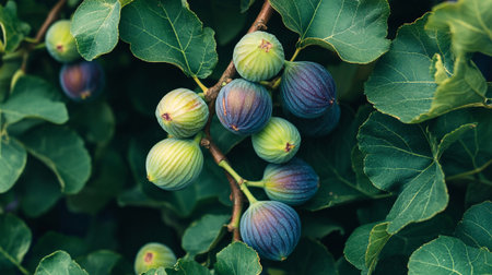 Ripe figs on a branch with green leaves close-upの写真素材