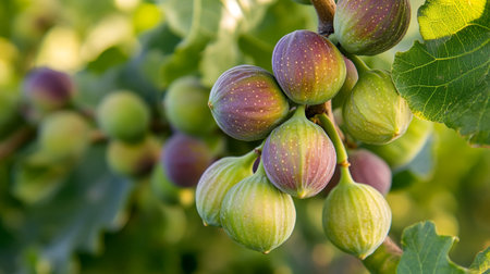 Ripe figs growing on a fig tree in the orchardの写真素材