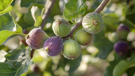 Ripe figs on the tree in the orchard in autumn