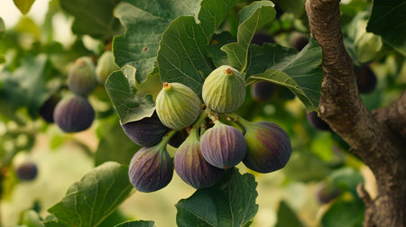 Ripe figs on the branches of the fig tree in the garden