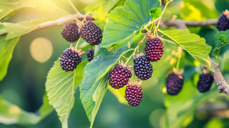Ripe blackberries on a branch with green leaves in the garden