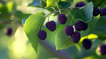 Ripe blackberries on the branches of a tree in the garden