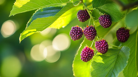 Ripe blackberries on the branches of a tree with green leaves