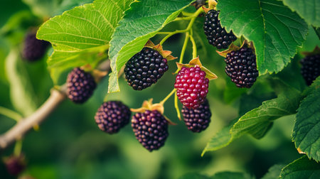 Ripe blackberries on a branch with green leaves. Selective focus.の写真素材