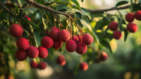 Lychee fruits on tree in orchard, close up viewの写真素材