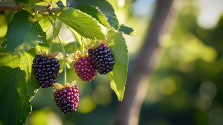 Ripe blackberries on a branch in the garden on a sunny day