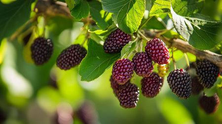 Ripe blackberries on the branches of a tree in the gardenの写真素材