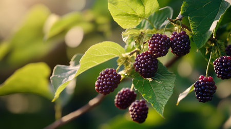 Ripe blackberries on a branch with green leaves in the gardenの写真素材
