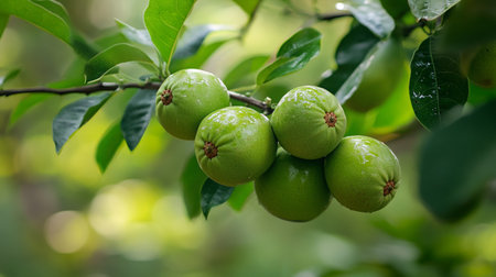 Green fruits on a tree in the garden. Selective focus.