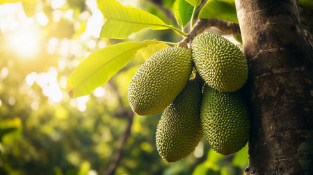 Jackfruit on the tree in the garden with sun light, Thailand.