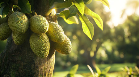 Jackfruit on the tree in the garden with sunlight. Nature background