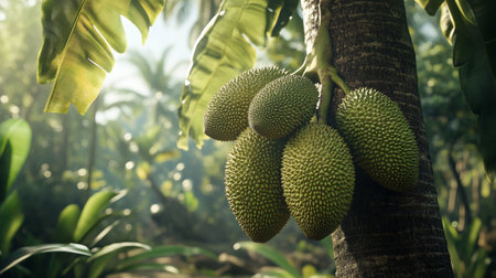 Jackfruit on the tree in the tropical garden. Ripe jackfruit on the tree.の写真素材