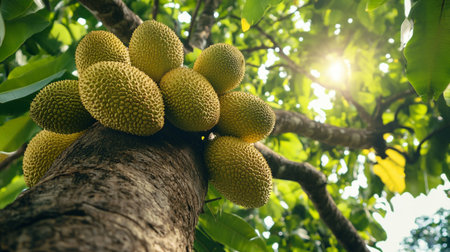 Ripe durian fruit on the tree in the orchard.