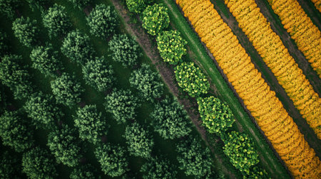 Aerial view of a field with rows of yellow and green treesの写真素材