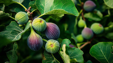 Ripe figs on the branches of a fig tree in the gardenの写真素材