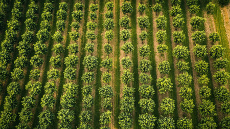 Aerial view of the rows of trees in the orchard.の写真素材