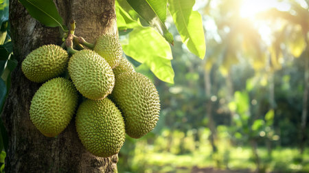 Fresh durian fruit on tree in orchard, Tropical fruit.