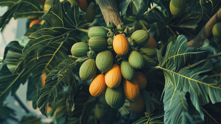 Cacao fruit on the tree in the garden, stock photo