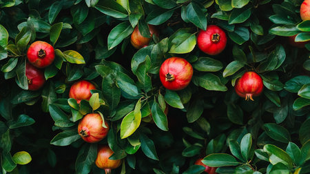 Ripe pomegranate fruits on the branches of a tree