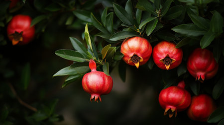 Pomegranate tree with ripe fruits and leaves, closeupの写真素材