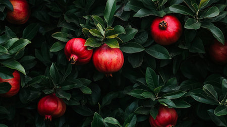 Ripe pomegranate fruits on green leaves background. Ripe pomegranate fruit on tree.の写真素材