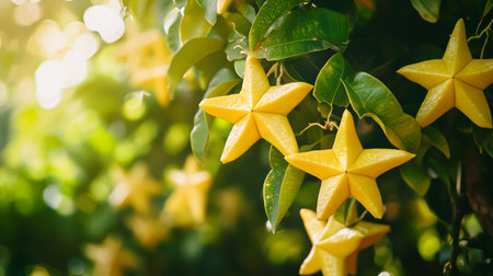 Star fruit or carambola on tree in the garden with sunlight.
