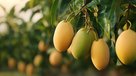 Mango fruit on the tree in the orchard. Mango is a tropical fruit.