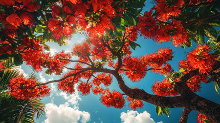 Red flowers on the tree with blue sky in the background, vintage toneの写真素材