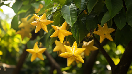 Star fruit or carambola on tree in the garden, stock photoの写真素材