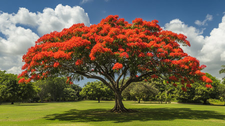 Flame tree with red flowers in the public park, Thailand.