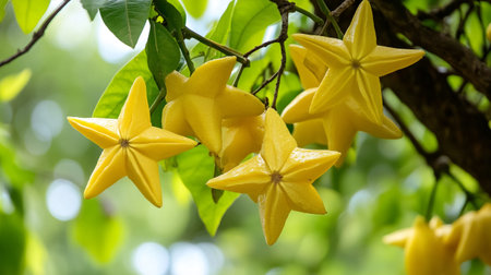 Star fruit or Carambola on tree with green leaves background.の写真素材