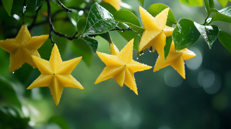 Star fruit on tree in the garden with bokeh background.の写真素材