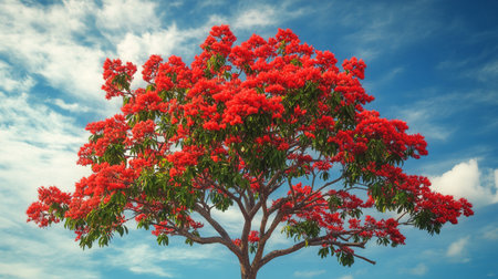 Tree with red flowers on blue sky background. Flamboyantの写真素材