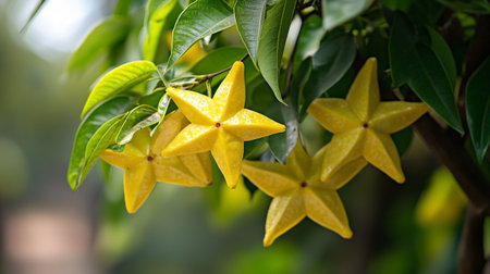 Star fruit on tree. Star fruit is a fruit of the carambola family.の写真素材