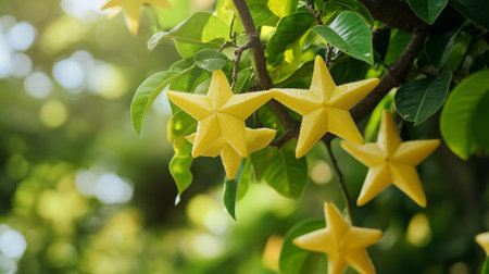 Star fruit or carambola on tree with bokeh background