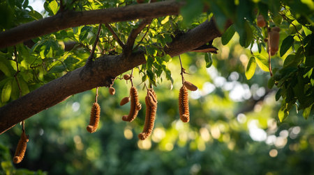 Close-up of catkins hanging from a tree in the garden