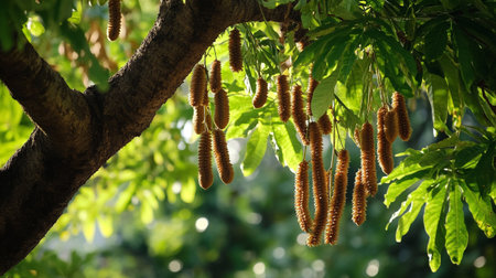 A bunch of catkins hanging on the branches of a tree.