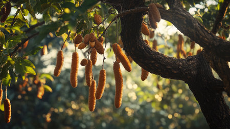 Close-up of the branches of a tree with ripe cones.