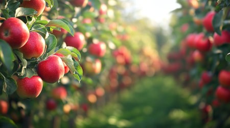 Ripe red apples on apple tree branches in orchard, closeup
