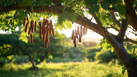 Leaves and seeds of a catkins of catkins on a treeの写真素材