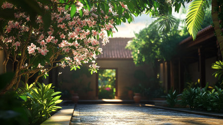 Beautiful garden with blooming flowers in evening light,3d renderの写真素材