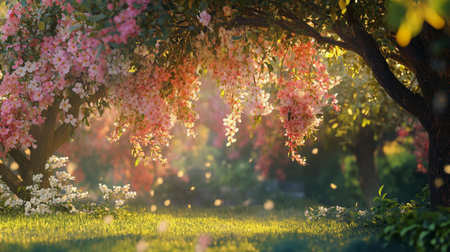 Beautiful blooming sakura flowers in the garden at sunset.の写真素材