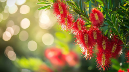 Callistemon flower on blurred bokeh background, nature backgroundの写真素材