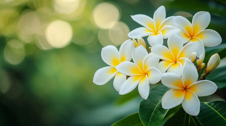 White frangipani flower on tree with bokeh backgroundの写真素材