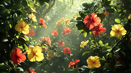 Colorful hibiscus flowers in the garden with sunlight.