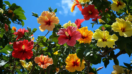 Hibiscus flowers in full bloom on blue sky background.の写真素材