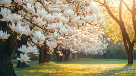 Beautiful blooming magnolia tree in the park at sunset.の写真素材