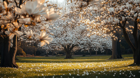 Magnolia flowers in the park. Beautiful spring landscape with blooming trees.の写真素材