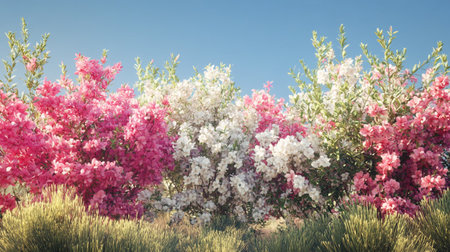 Pink and white oleander flowers with green grass and blue sky